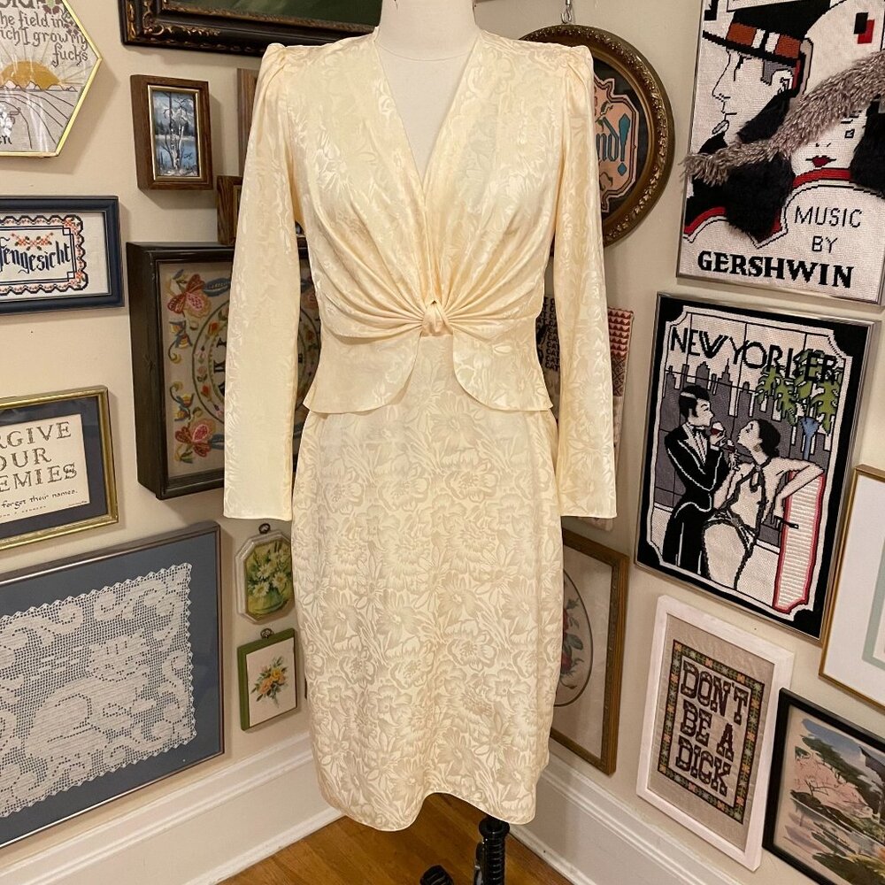 80s Vintage Miss Elliette Cream Jacquard Long Sleeve Dress With Knot Waist